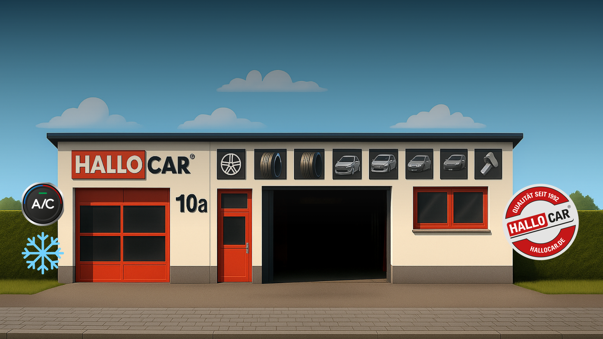 Fassade einer Autowerkstatt mit dem Schriftzug HALLO CAR 10a, roten Türen und Garagentor, Symbolen für Reifen, Autos und Werkzeug über dem Eingang sowie einem A/C-Icon und einem Qualität seit 1992 HALLO CAR-Logo rechts und links des Gebäudes vor blauem Himmel mit Wolken.