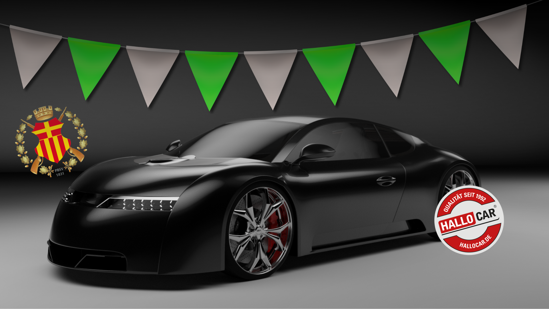 Elegantes schwarzes Sportcoupé vor grauem Hintergrund mit grünen und grauen Wimpeln darüber, links ein Emblem mit rot-gelbem Schild und Waffen, rechts ein rotes und weißes Qualitätssiegel mit dem Text "HALLO CAR".