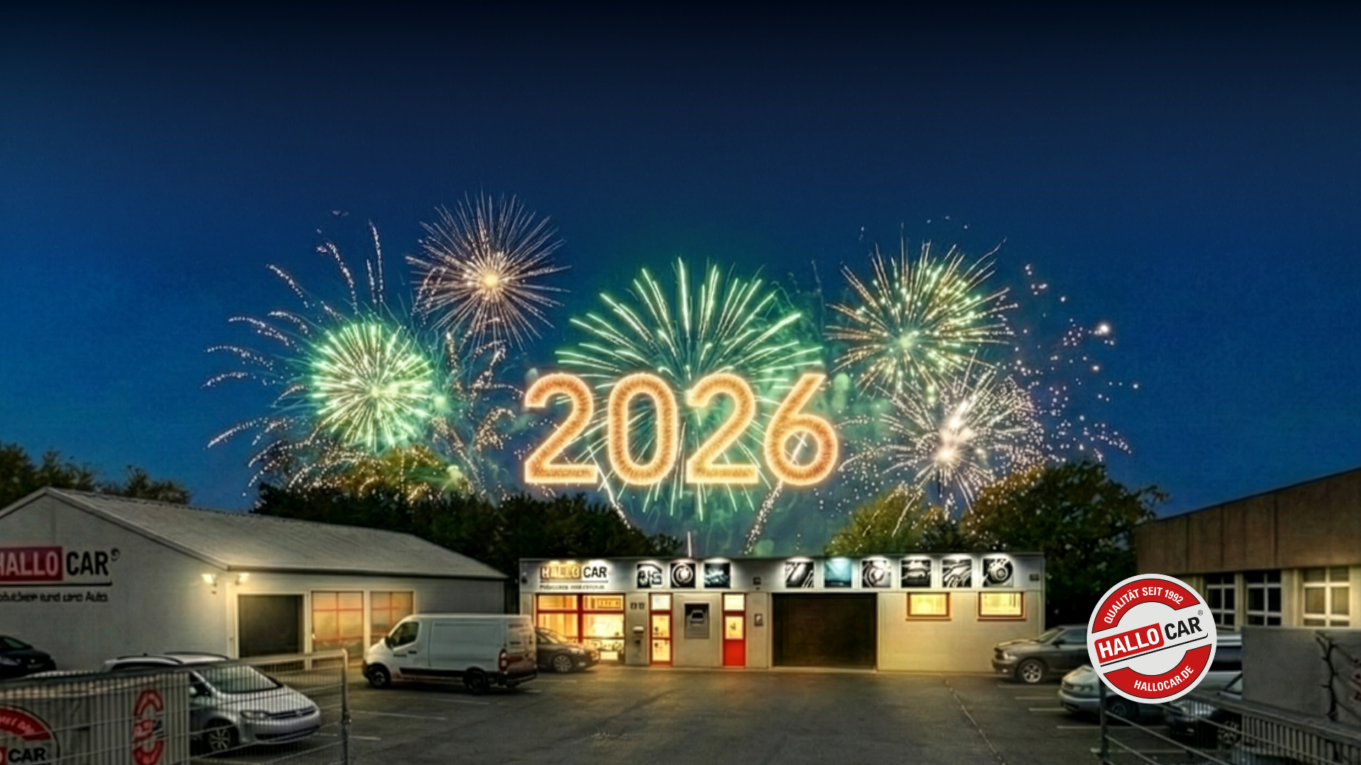 Firmengebäude von Hallo Car bei Nacht mit mehreren Autos davor, im Hintergrund bunte Feuerwerke und die große leuchtende Zahl 2026 am Himmel.